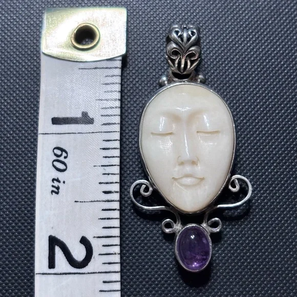 Vintage Sterling Silver Carved Bone Goddess
Moon Face & Amethyst Pendant - Picture 5 of 6